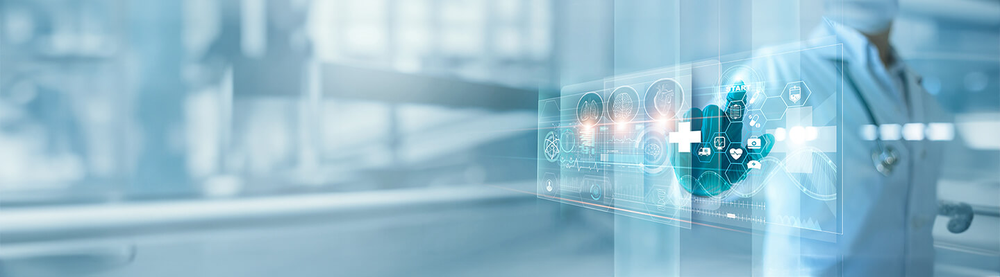 A hand reaching out to a futuristic digital interface displaying medical symbols, DNA strands, and molecular structures.
